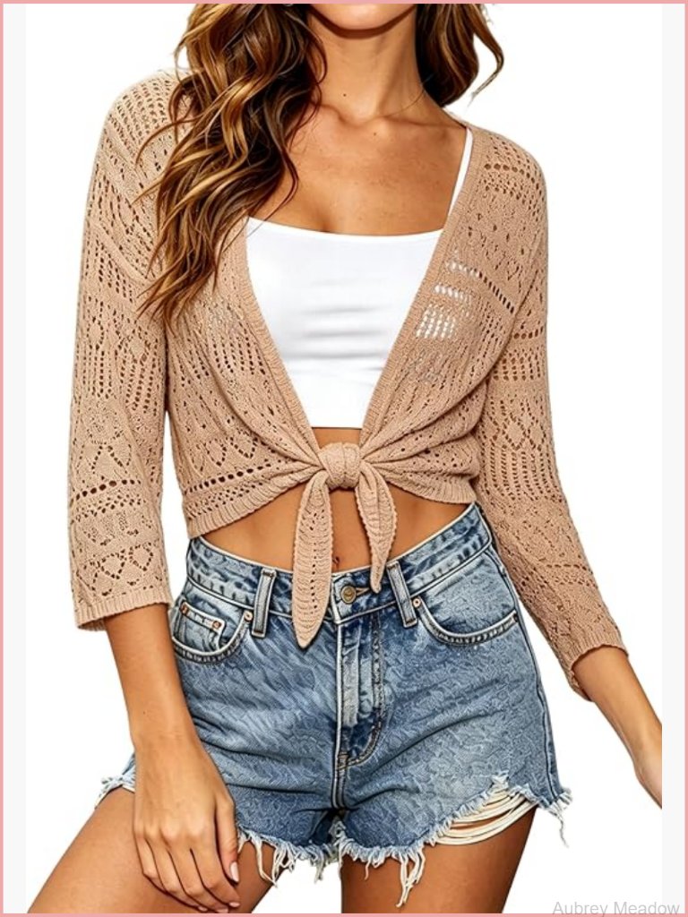 Crochet Shrug Cardigan Tie Front 3/4 Sleeve Sheer Lightweight Summer Cover Up